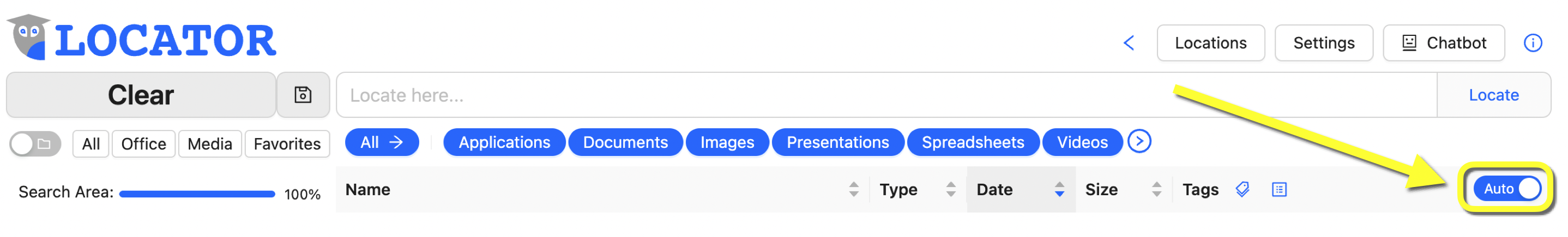 This image shows a yellow rectangle highlighting Locator's AutoTags visibility slider, enabling a user to temporarily display or hide tags automatically assigned by the application.