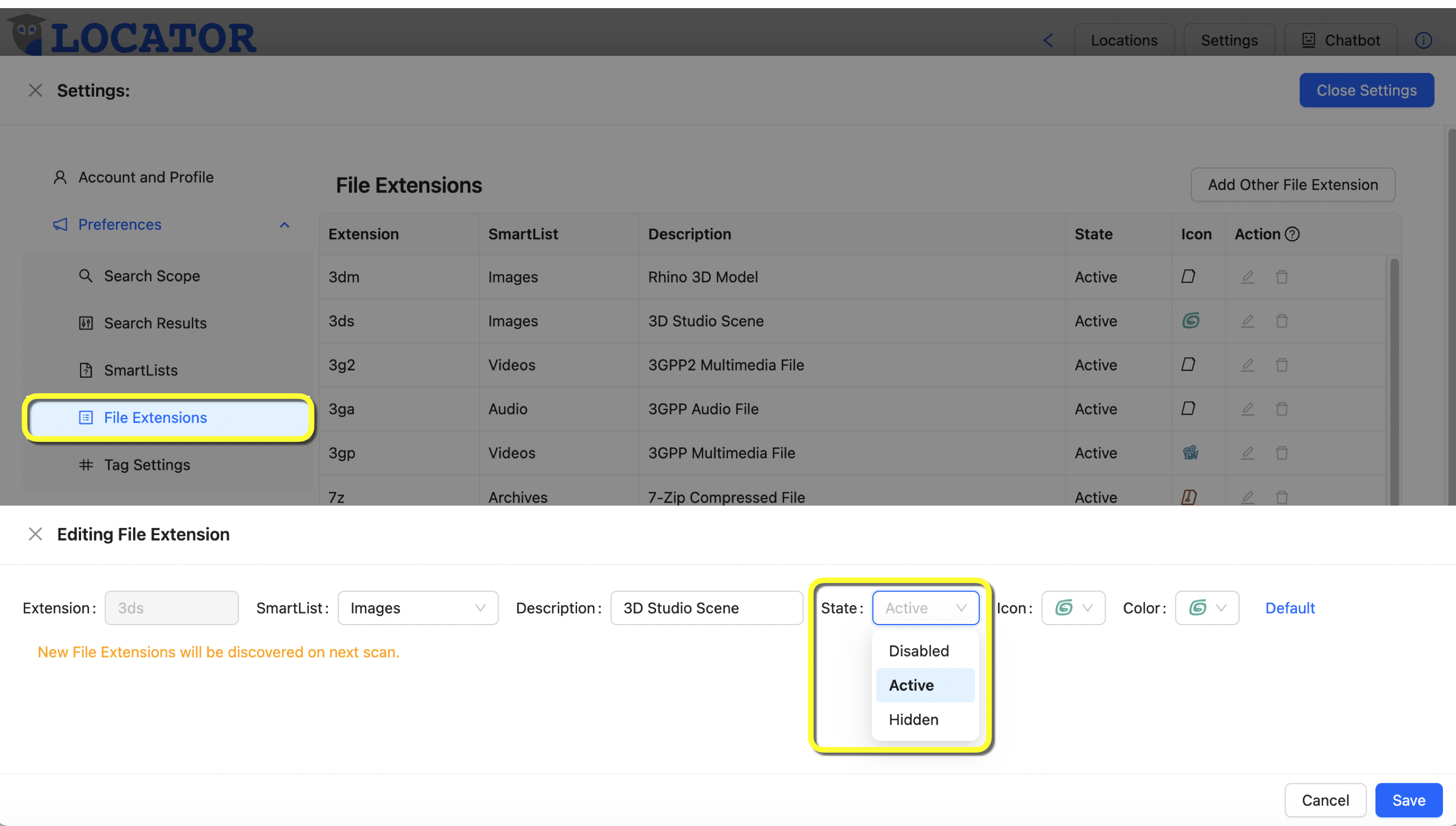 This image shows the file extensions settings screen. Specifically, when editing a given file extension (pencil icon), a user can specify whether it's typically visible ("Active") or not ("Hidden").