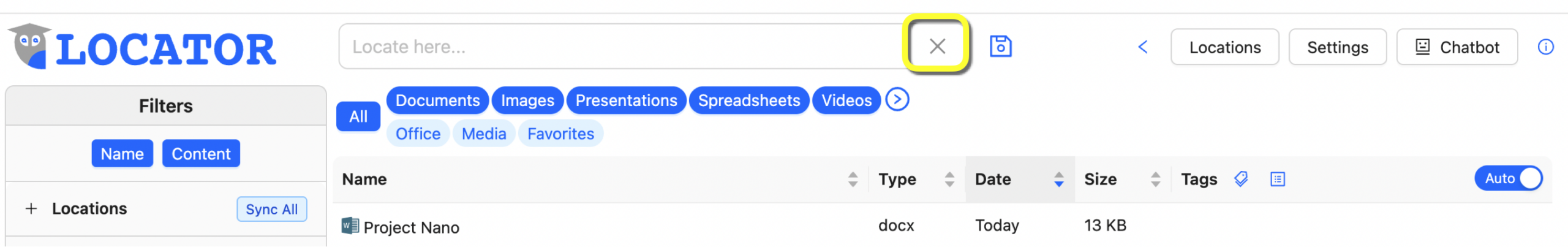 Image showing the top part of Locator’s main screen with a yellow rectangle highlighting the "X" (Clear button) in the right side of the Search box.