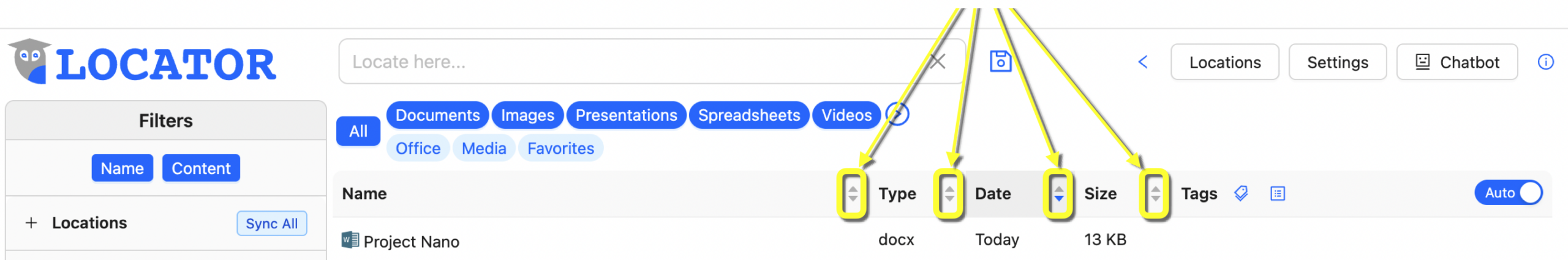 This image highlights the four column sort order buttons that can be used to sort the Results List by Name, (file)Type, Date, and Size, respectively. The default order is reverse chronological order (newest to oldest).