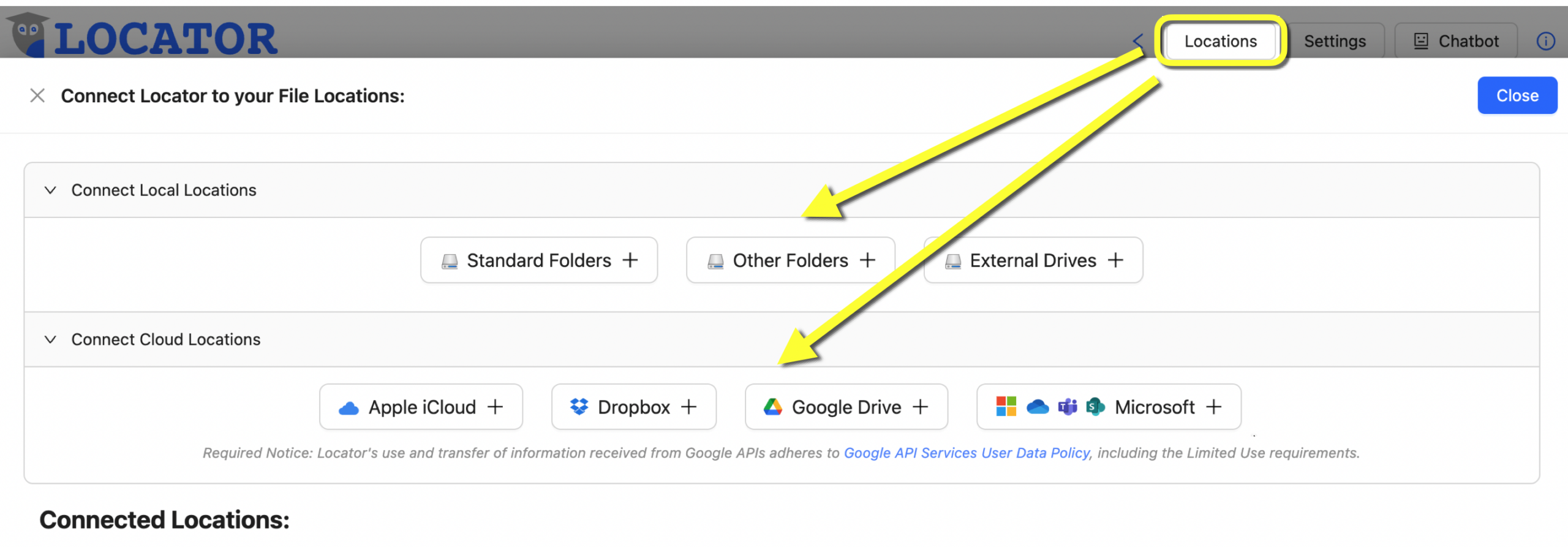 This image shows the “Locations” button highlighted by a yellow rectangle, with the resulting Connections Configuration “drawer” (AKA slide-up panel). Two arrows point to buttons for connecting file locations that are local and cloud-based, respectively.