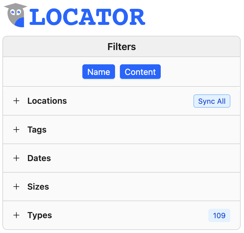 This image shows Locator's six major filters. Locator allows you to filter by file category (AKA **SmartList** — Documents, Images, Presentations, Spreadsheets, etc.) and/or by specific file extensions (for example, .doc, .docx, .pdf, .txt, etc.).