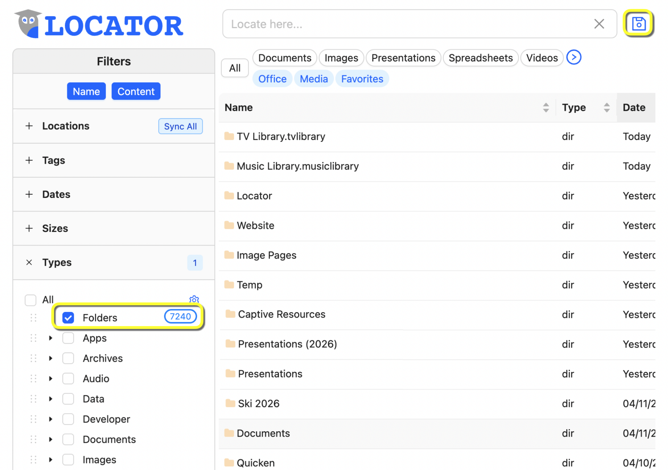 This image shows a yellow rectangle highlighting Locator's Folders Filter option selected. this selection controls whether or not Folders are displayed in the Results List.