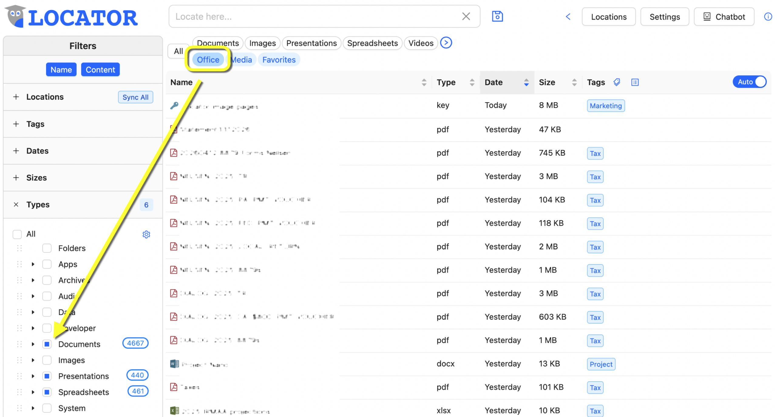 This image shows a yellow rectangle highlighting the Office documents button (MS Word, Excel, PowerPoint, etc., and the Google and Apple equivalents).
