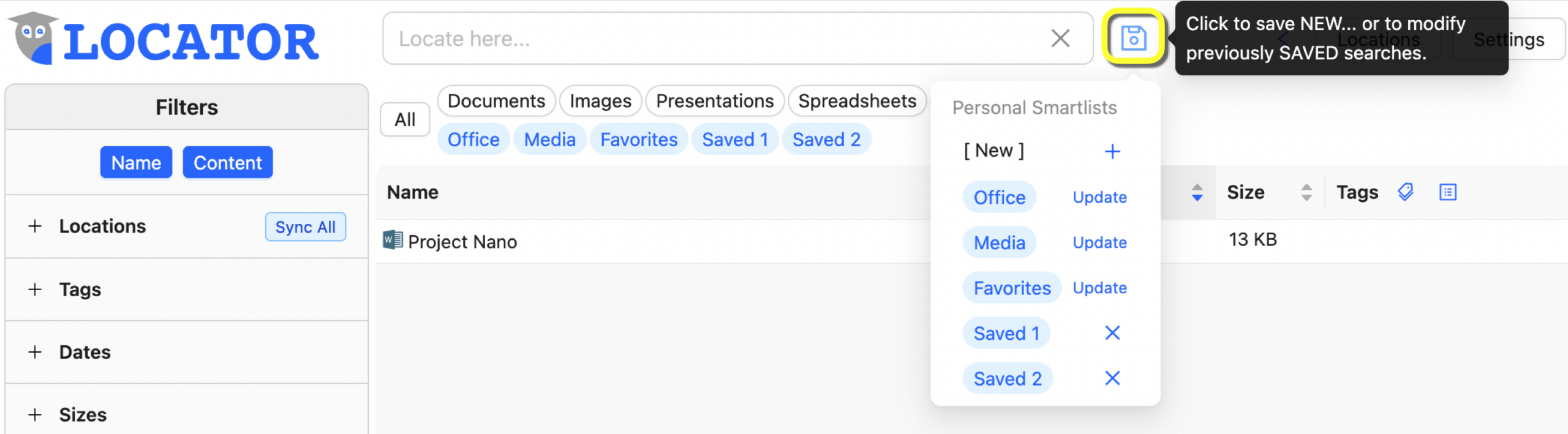 This image highlights the Save button (disk icon) for saving useful searches for future access (AKA Personal SmartLists).