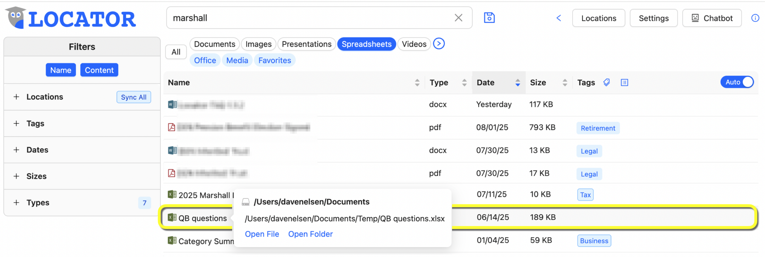 This image shows the hover menu related to a selected file in Locator’s results list. “Open File” the default click. “Open Folder” is also available as an alternative.