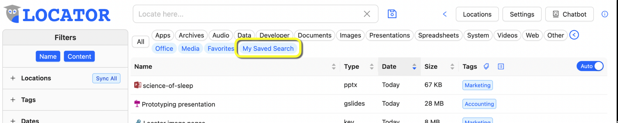 This image shows the Saved Searches function.