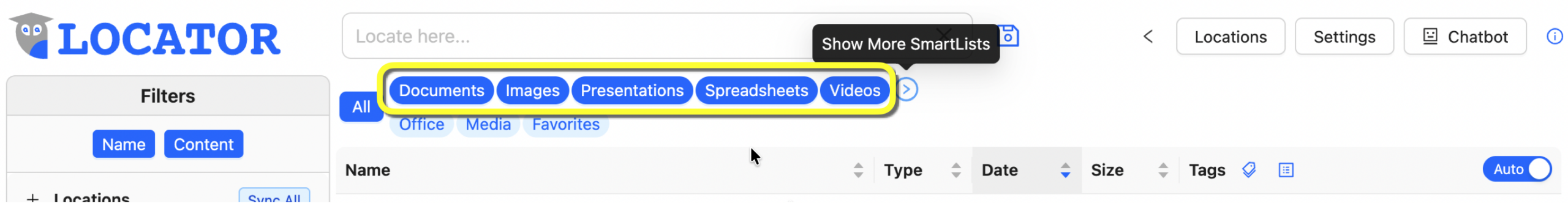 This image shows the SmartLists (groups of file types: PDF+PAGES+DOCX+GDOC+etc.="Documents") displayed by default after "Clear" (AKA "Primary" SmartLists).