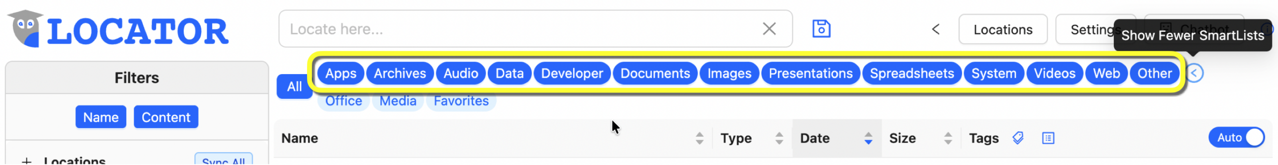 This image shows the SmartLists (groups of file types: PDF+PAGES+DOCX+GDOC+etc.="Documents") displayed after using the "expander" at the right of the list (AKA "Secondary" SmartLists). The button becomes a "contractor" to return to the primary SmartList display (or click "Clear").
