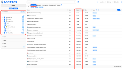 Locator - SmartLists (Documents Example) - Multiple Locations Locator SmartLists view displaying recent documents from multiple connected locations including Local Files, Dropbox, Google Drive, Microsoft Cloud, and iCloud, with the Documents filter active.